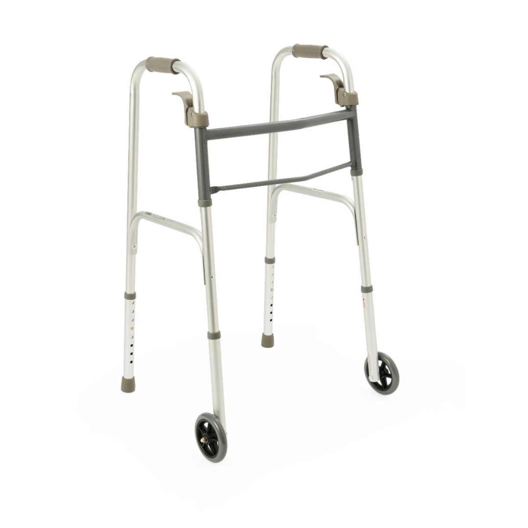 The Medline Adult Folding Paddle Walker with 5 Wheels is a lightweight, silver aluminum walker featuring two front wheels, rear legs without wheels, and padded hand grips to aid walking and mobility.